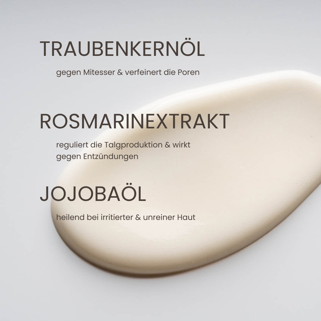 Tensidefreie Traubenkern Reinigungscreme ohne Emulgatoren | mit Traubenkernöl und Rosmarinextrakt gegen Pickel bei Mischhaut | myrto Naturkosmetik