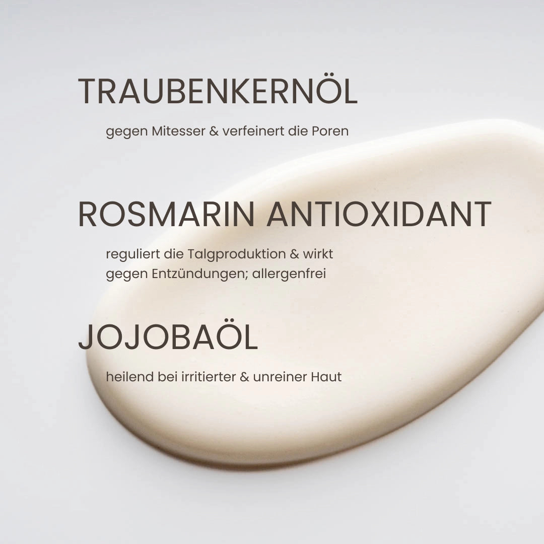 Tensidefreie Traubenkern Reinigungscreme ohne Emulgatoren | mit Traubenkernöl und Rosmarinextrakt gegen Pickel bei Mischhaut | myrto Naturkosmetik