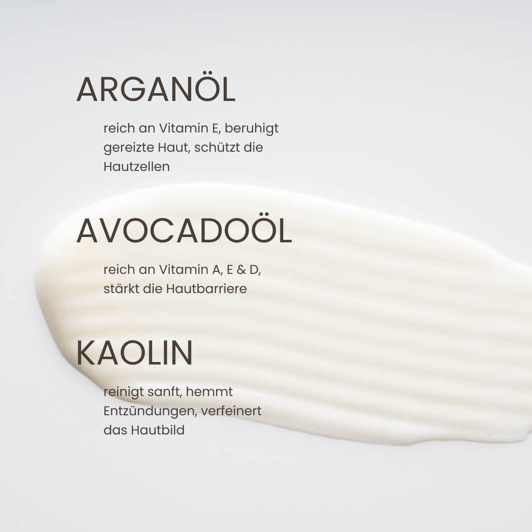 Tensidefreie Argan Reinigungscreme ohne Emulgatoren | mit Avocadoöl und Kaolin für eine starke Hautbarriere | myrto Naturkosmetik
